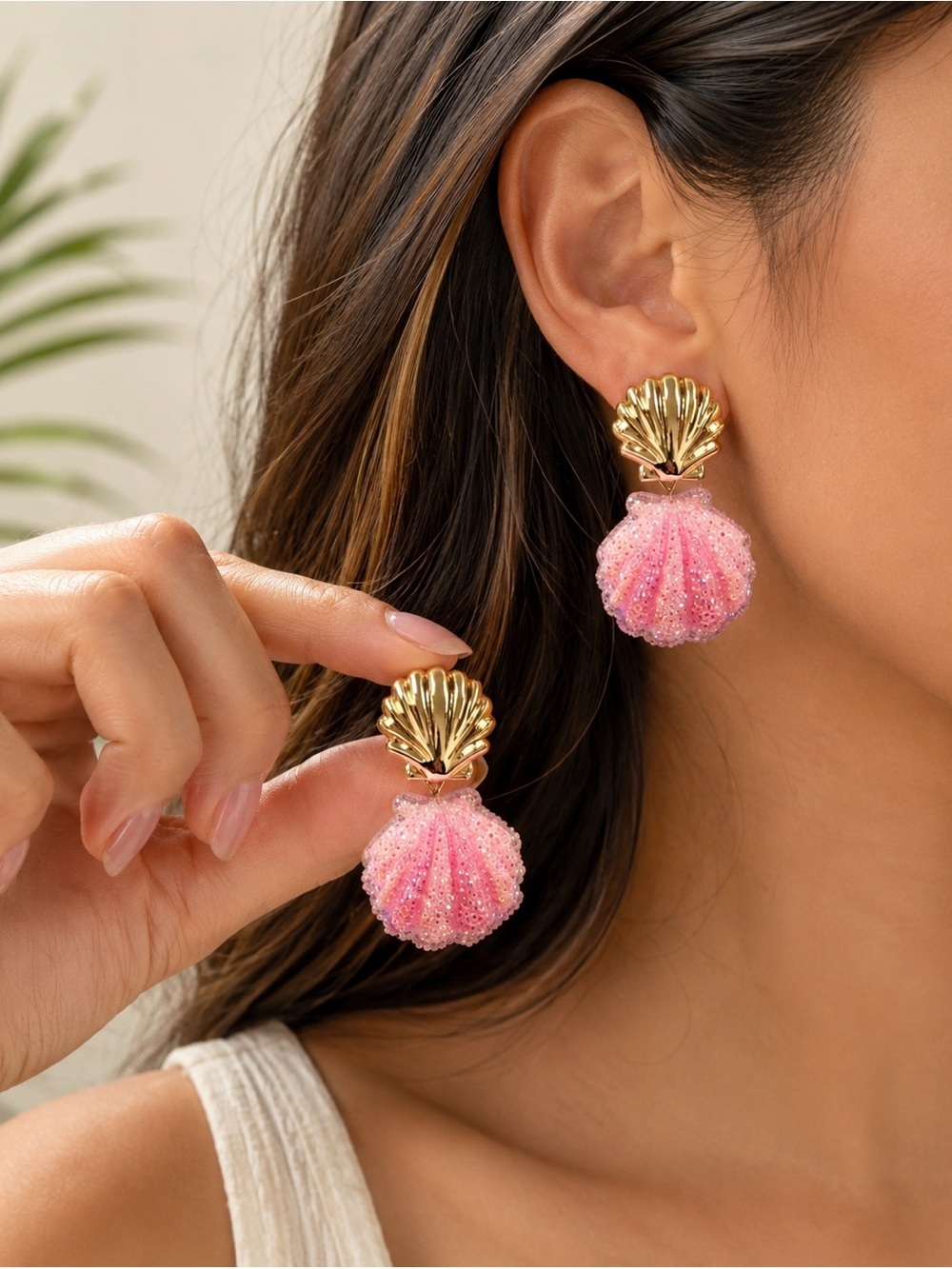 Pink Seashell Gold Earrings  Beach Coastal Glam Sparkle